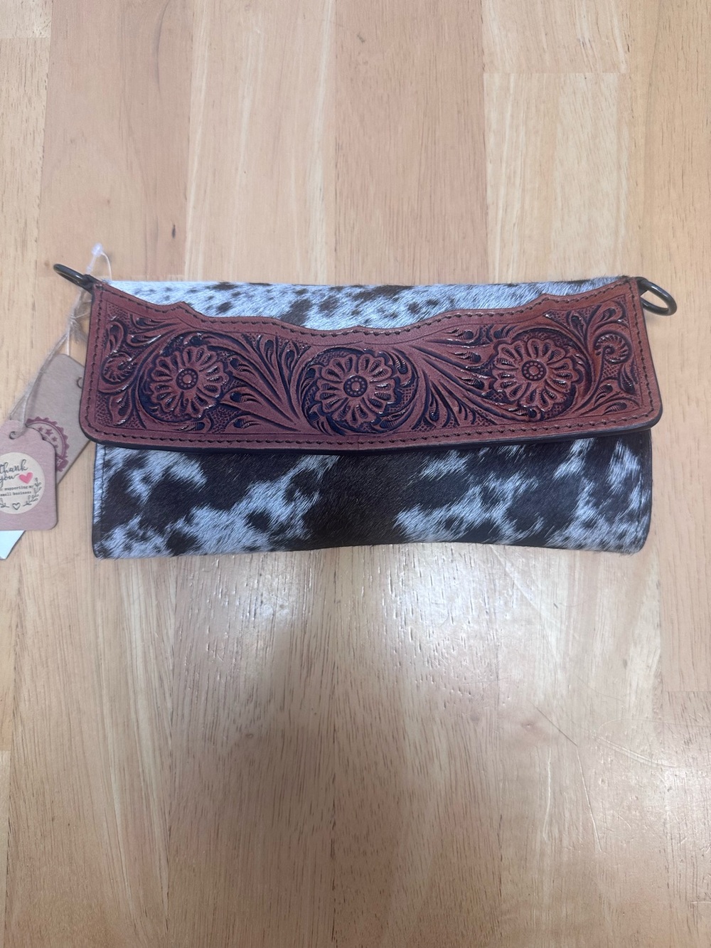 Tooled Leather Flap Cowhide Clutch - Brown & Black Speckled
